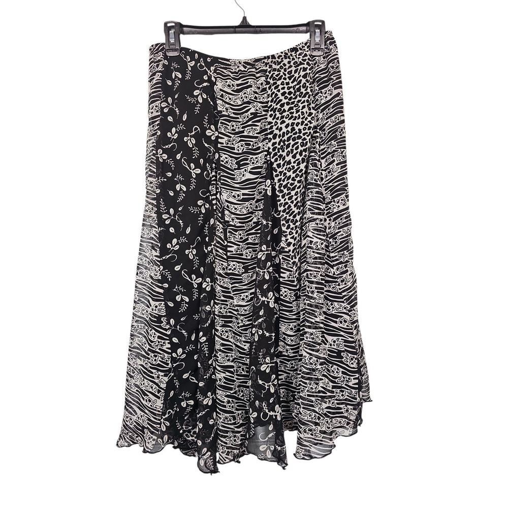 Chico's Midi Skirt Whimsigoth Animal Floral Black White Women S (Chico's 0)